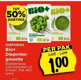 Vomar Voordeelmarkt Diepvriesgroente bladspinazie, sperziebonen of erwten. pak 450 gram aanbieding