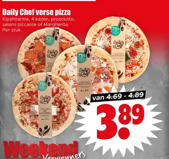 Dirk Daily Chef verse pizza Kipshoarma, 4 kazen, prosciutto, salami piccante of Margherita. Per stuk. aanbieding