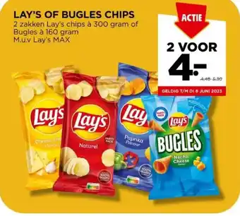 Jumbo LAY'S OF BUGLES CHIPS 2 zakken Lay's chips à 300 gram of Bugles à 160 gram aanbieding