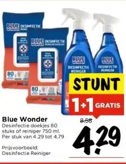 Vomar Voordeelmarkt Blue wonder desinfectie doekjes 80 stuks of reiniger 750 ml. per stuk van 4.29 tot 4.79 aanbieding