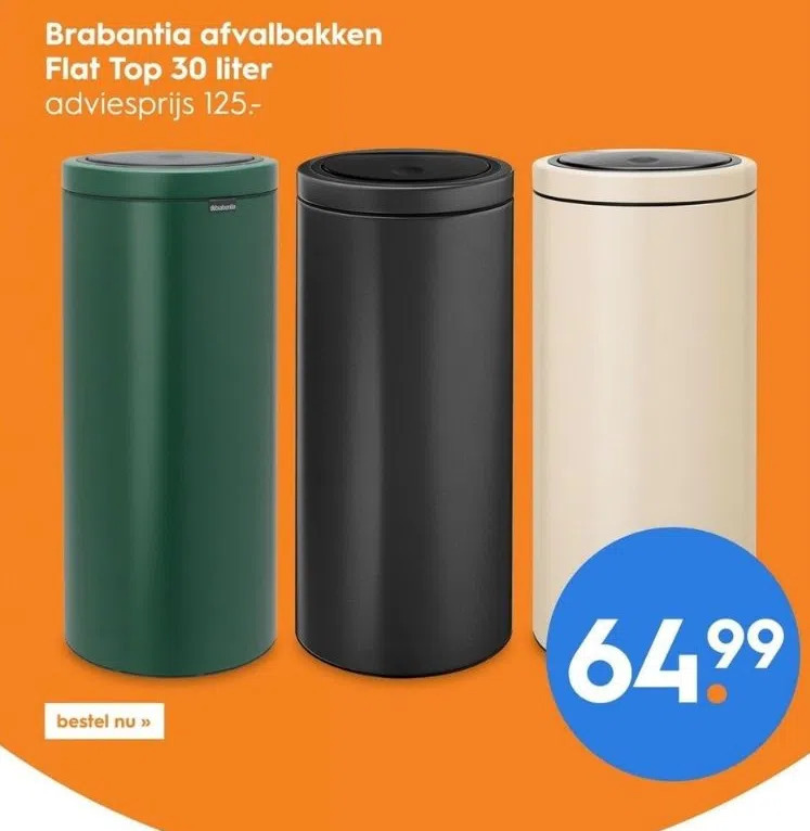 Brabantia afvalbakken flat top 30 liter aanbieding bij Blokker