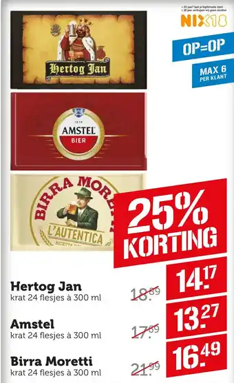 Coop Hertog jan, amstel of birra moretti aanbieding