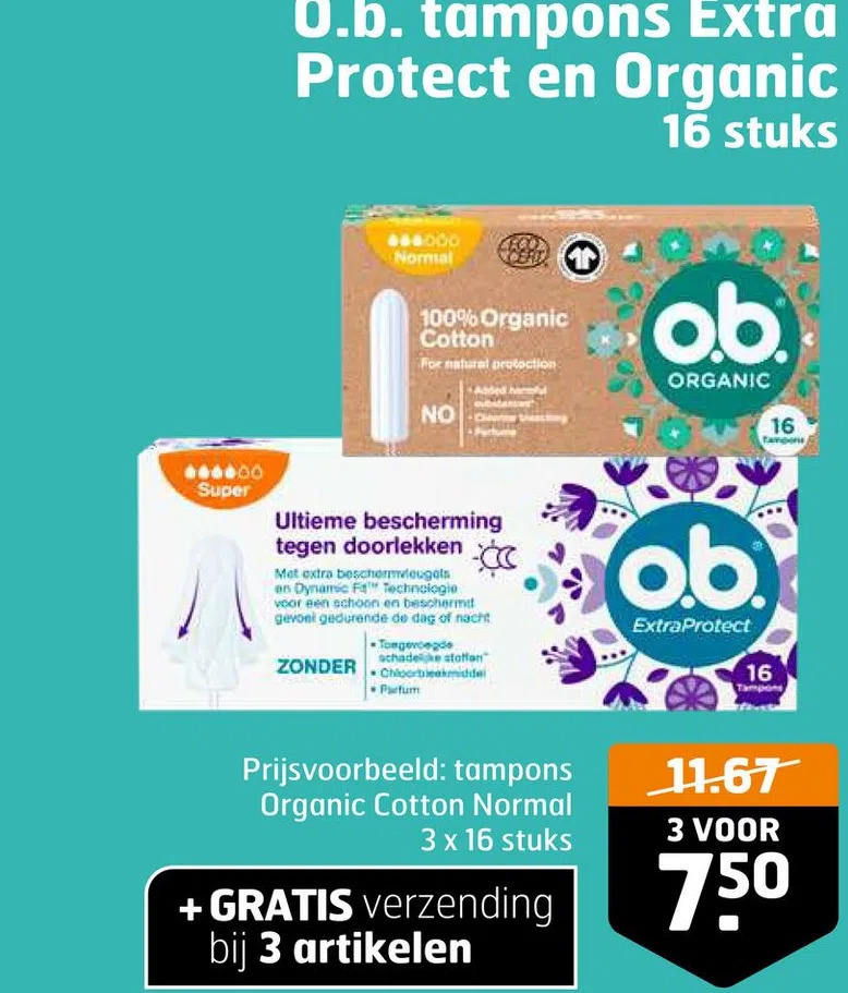 O.b. tampons extra protect en organic aanbieding bij Trekpleister