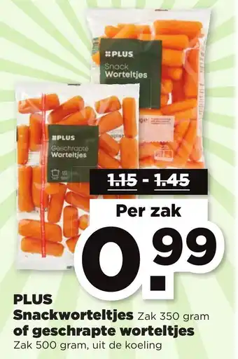 PLUS PLUS Snackworteltjes of geschrapte worteltjes 500g aanbieding