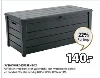 Jysk SVENDBORG KUSSENBOX UV-beschermd kunststof. Waterdicht. Met hydraulische deksel en handvat. B145 x H60 x D69 cm aanbieding