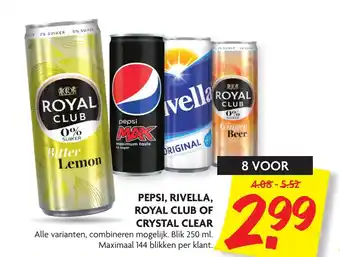 Dekamarkt Pepsi, Rivella, Crystal Clear of Royal Club 8*250 ml aanbieding