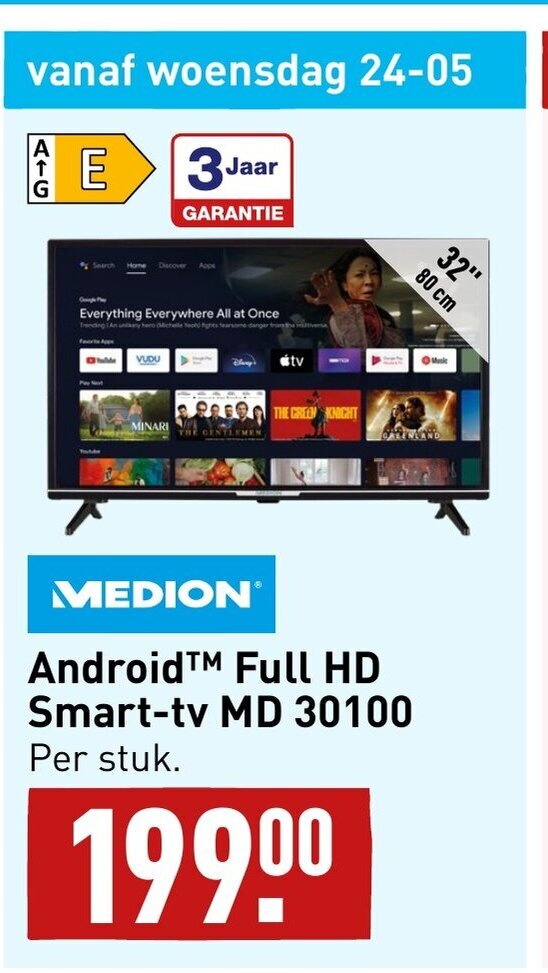 ALDI MEDION Android Full HD Smart-tv MD 30100 Per stuk. aanbieding