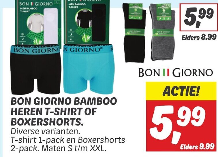 BON GIORNO BAMBOO HEREN TSHIRT OF BOXERSHORTS. aanbieding bij Dekamarkt