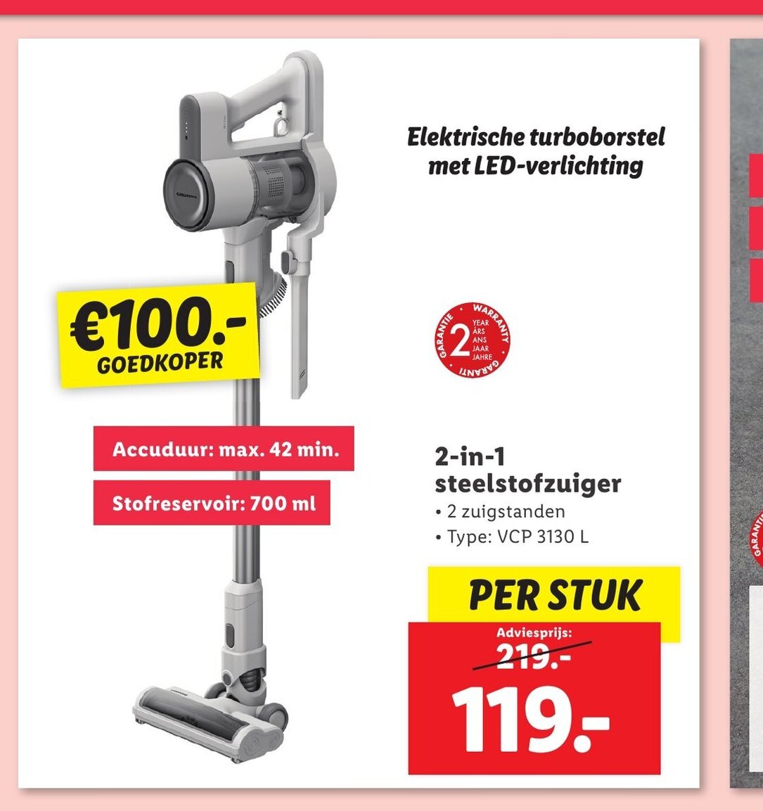 Lidl Elektrische turboborstel met LED-verlichting 2-in-1 steelstofzuiger aanbieding