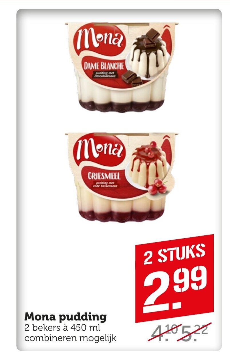 Coop Mona pudding 2 bekers à 450 ml combineren mogelijk aanbieding