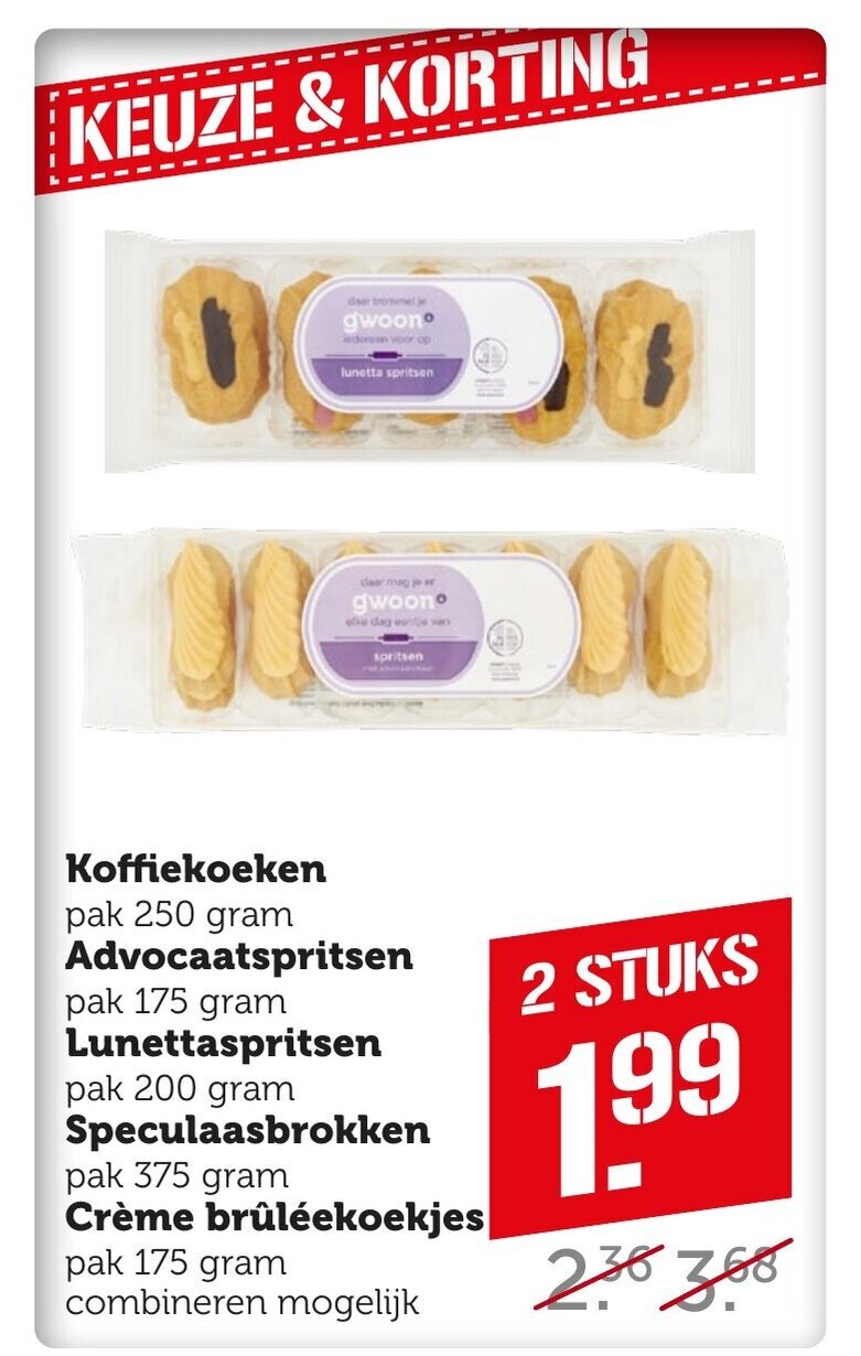 Coop Koffiekoeken pak 250 gram Advocaatspritsen pak 175 gram Lunettaspritsen pak 200 gram Speculaasbrokken pak 375 gram aanbieding