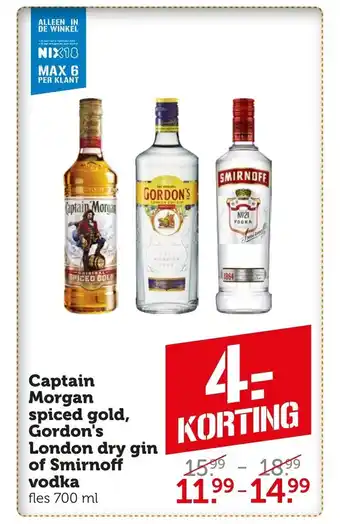 Coop Captain Morgan spiced gold, Gordon's London dry gin of Smirnoff vodka fles 700 ml aanbieding