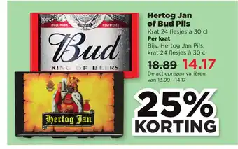 PLUS Hertog Jan of Bud Pils Krat 24 flesjes à 30 cl aanbieding