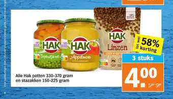 Albert Heijn Alle Hak potten 330-370 gram en stazakken 150-225 gram aanbieding