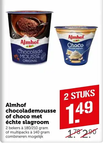 Coop Almhof chocolademousse of choco met echte slagroom aanbieding