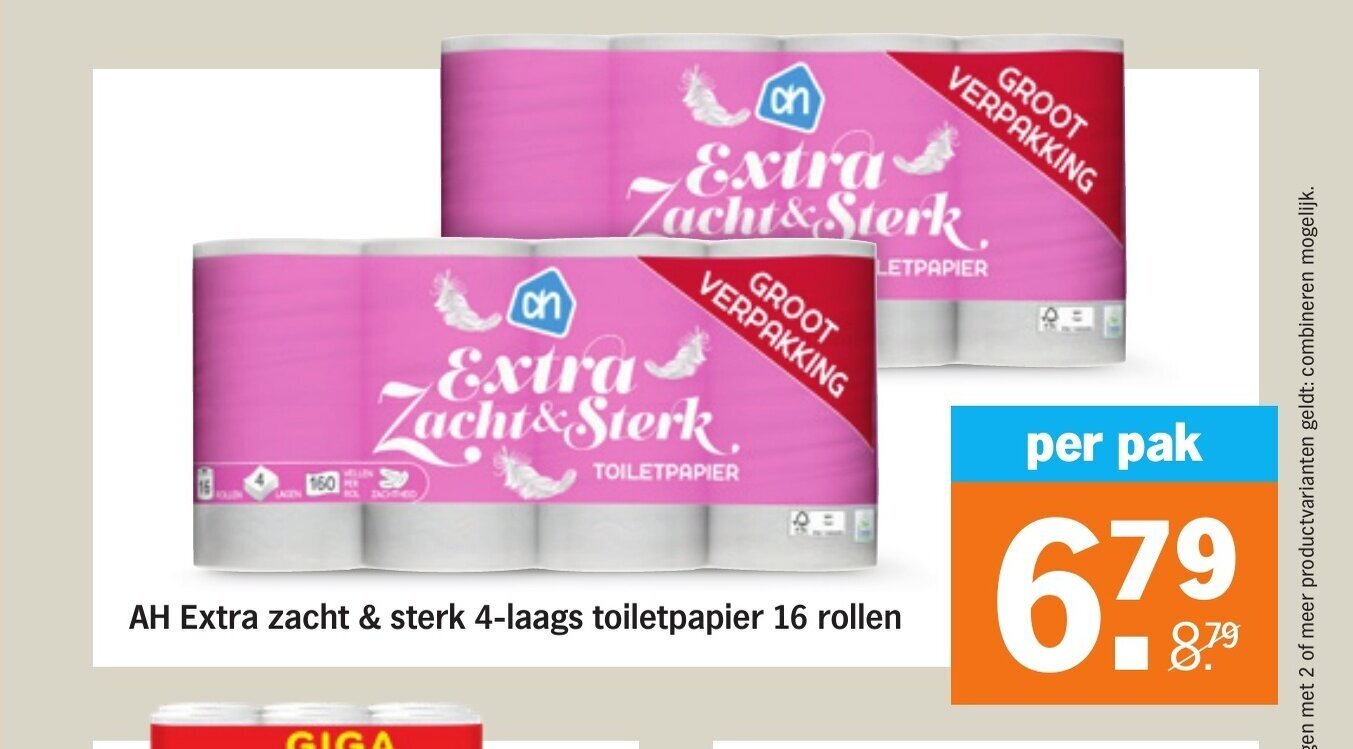 Albert Heijn AH Extra zacht & sterk 4-laags toiletpapier 16 rollen aanbieding