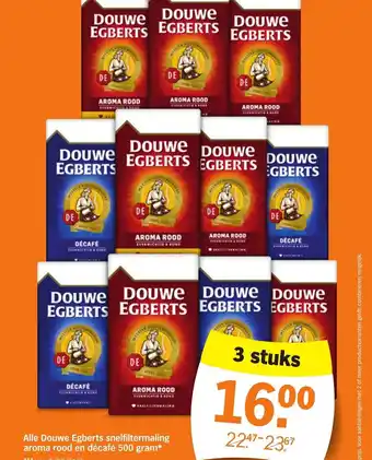 Albert Heijn Alle Douwe Egberts snelfiltermaling aroma rood en décafé 500 gram aanbieding