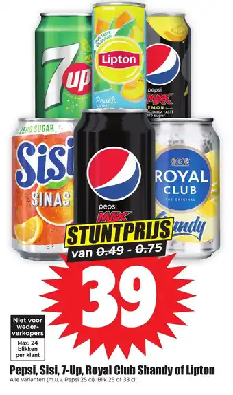 Dirk Pepsi, Sisi, 7-Up, Royal Club Shandy of Lipton aanbieding