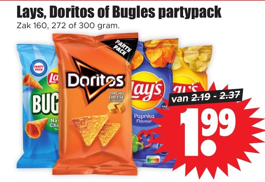 Lays, Doritos of Bugles partypack Zak 160, 272 of 300 gram. aanbieding