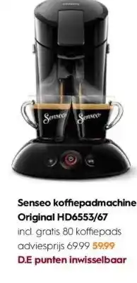 Blokker Senseo koffiepadmachine original hd6553/67 incl. gratis 80 koffiepads adviesprijs aanbieding