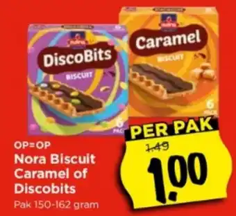 Vomar Voordeelmarkt Nora Biscuit Caramel of Discobits 150-162 gram aanbieding