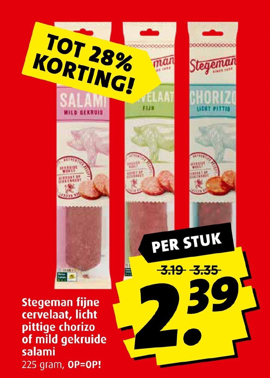 Stegeman fijne cervelaat, licht pittige chorizo of mild gekruide salami