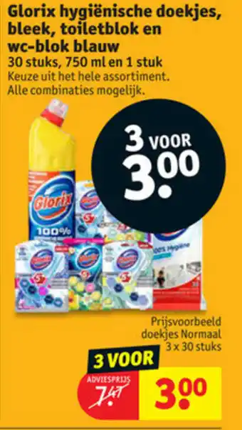 Kruidvat Glorix hygienische doekjes, bleek, toiletblok en wc-blok blauw aanbieding