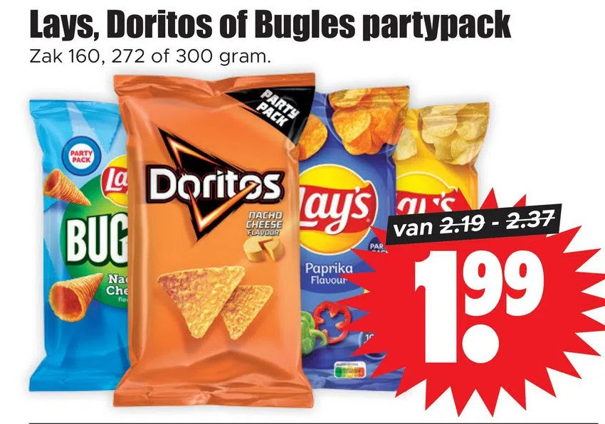 Lays, doritos of bugles partypack aanbieding bij Dirk