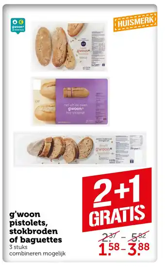 Coop g'woon pistolets, stokbroden of baguettes 3 stuks aanbieding