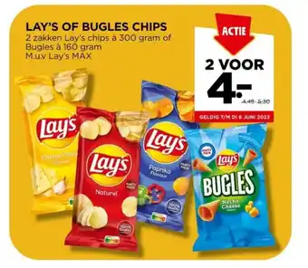 Jumbo LAY'S OF BUGLES CHIPS 2 zakken Lay's chips à 300 gram of Bugles à 160 gram aanbieding