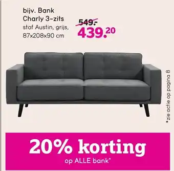 Leen Bakker Bank Charly 3-zits stof Austin, grijs, 87x208x90 cm aanbieding