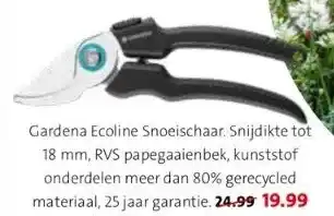 Intratuin Gardena ecoline snoeischaar. snijdikte tot 18 mm, rvs papegaaienbek, kunststof onderdelen meer dan 80% gerecycled materiaal,  aanbieding