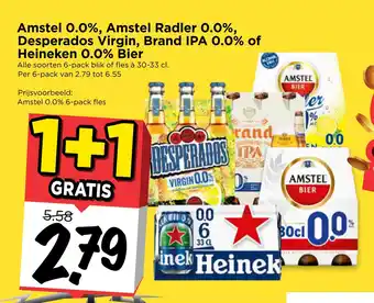 Vomar Voordeelmarkt Amstel 0.0%, Amstel Radler 0.0%, Desperados Virgin, Brand IPA 0.0% of Heineken 0.0% Bier ALCOMOL aanbieding