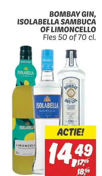 Dekamarkt Bombay gin, isolabella sambuca of limoncello aanbieding