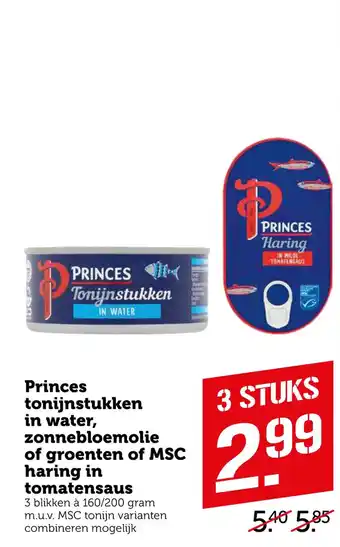 Coop Princes tonijnstukken in water, zonnebloemolie of groenten of MSC haring in tomatensaus aanbieding