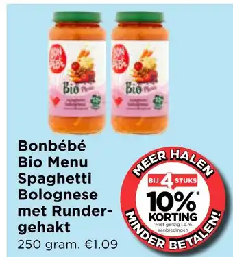 Vomar Voordeelmarkt Bonbébé Bio Menu Spaghetti Bolognese met Rundergehakt aanbieding