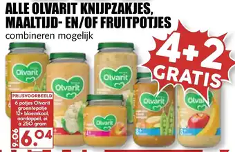 MCD Supermarkt Olvarit knijpzakjes, Maaltijd- en/of Fruitpotjes 4+2 aanbieding