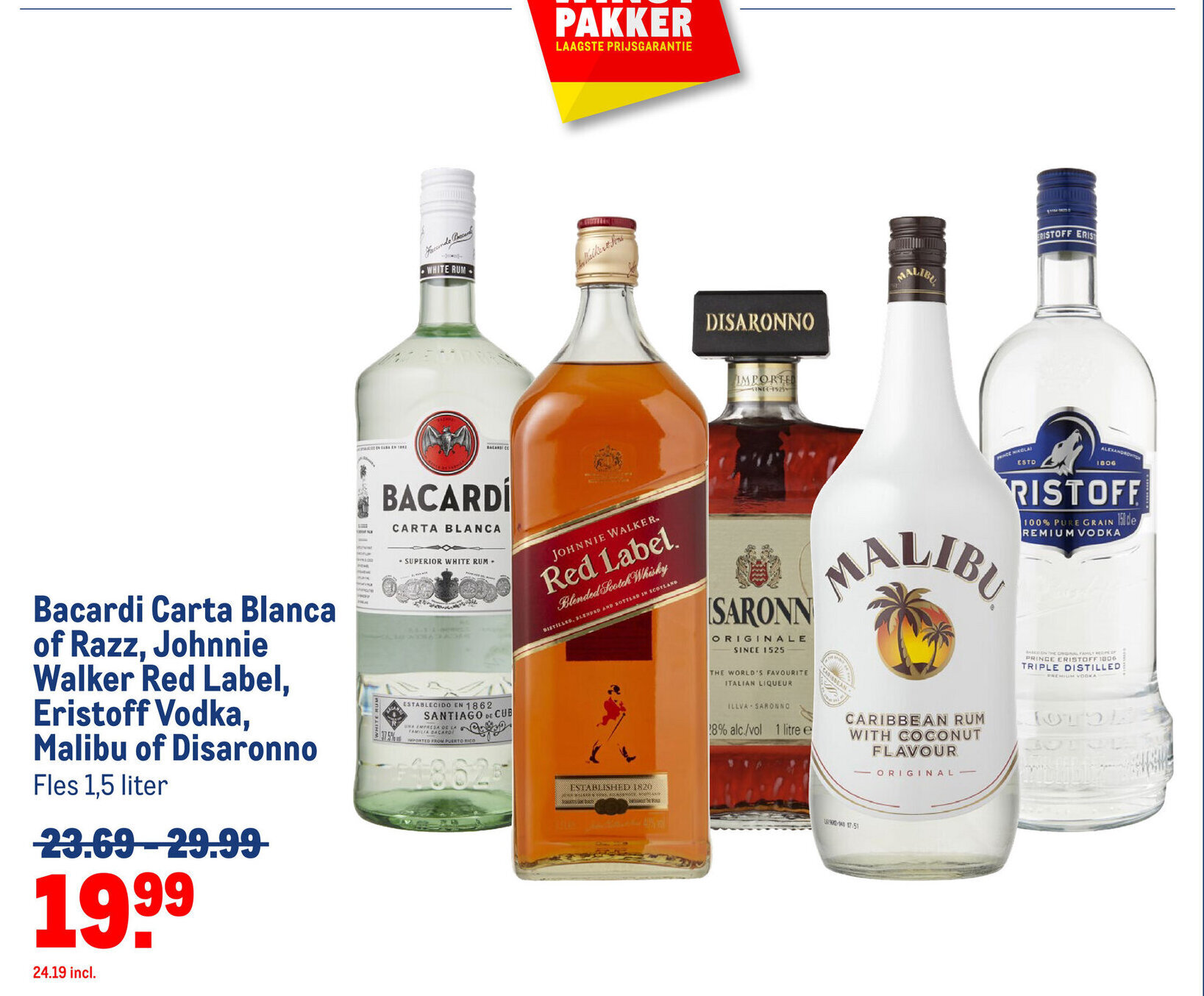 Makro Bacardi Carta Blanca of Razz, Johnnie Walker Red Label, Eristoff Vodka, aanbieding