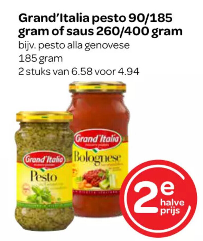 Spar Grand'Italia pesto 90/185 gram of saus 260/400 gram aanbieding