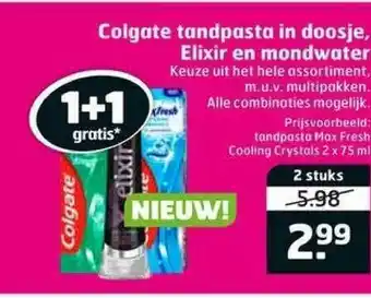 Trekpleister Colgate Tandpasta In Doosje, Elixir En Mondwater 1+1 Gratis aanbieding