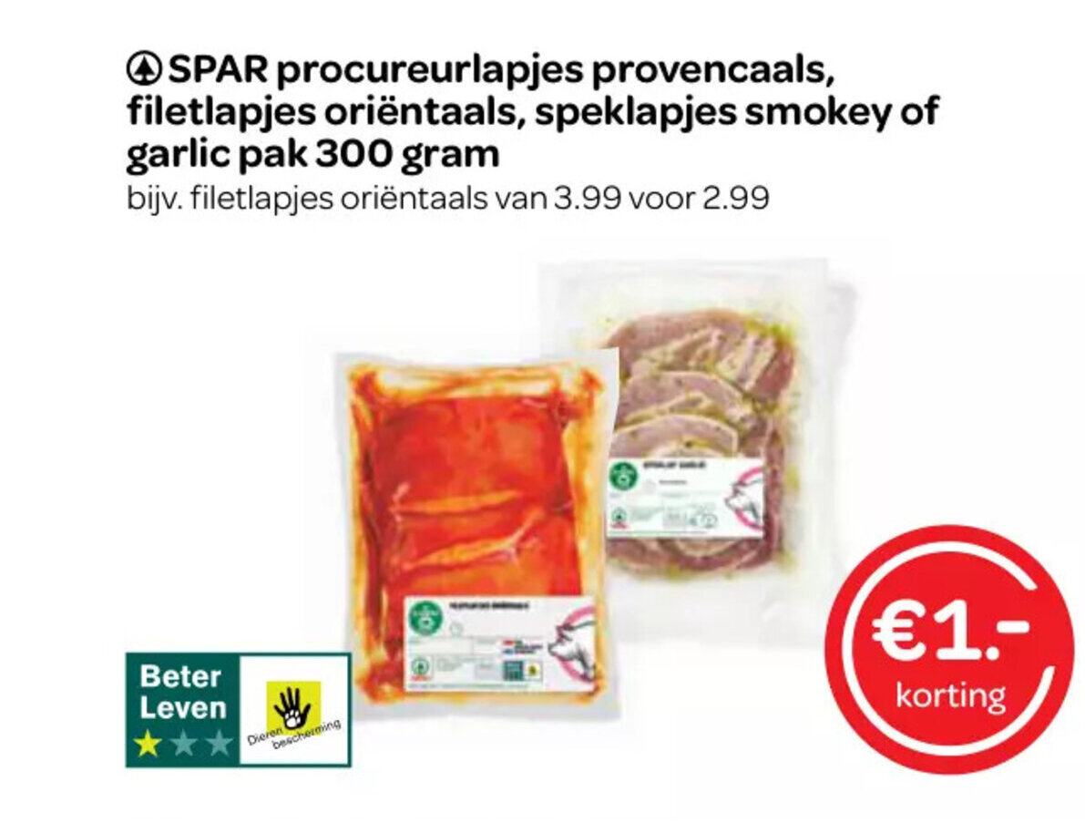 Spar procureurlapjes provencaals, filetlapjes oriëntaals, speklapjes smokey of garlic pak 300 gram aanbieding