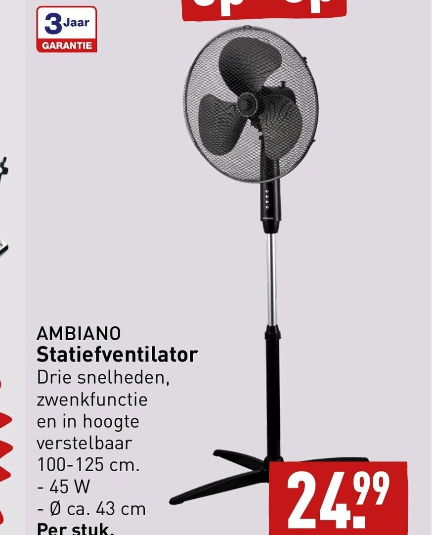 ALDI AMBIANO Statiefventilator Drie snelheden, zwenkfunctie en in hoogte verstelbaar 100-125 cm. aanbieding