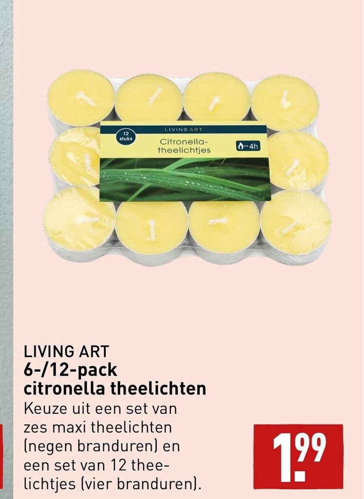 LIVING ART 6/12pack citronella theelichten aanbieding bij ALDI