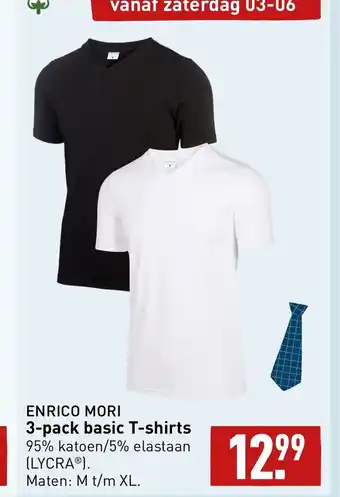 ALDI ENRICO MORI 3-pack basic T-shirts 95% katoen/5% elastaan (LYCRA®). Maten: M t/m XL. aanbieding