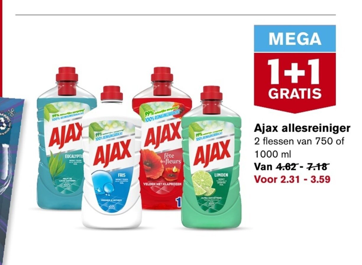 Hoogvliet Ajax allesreiniger 2 flessen van 750 of 1000 ml aanbieding