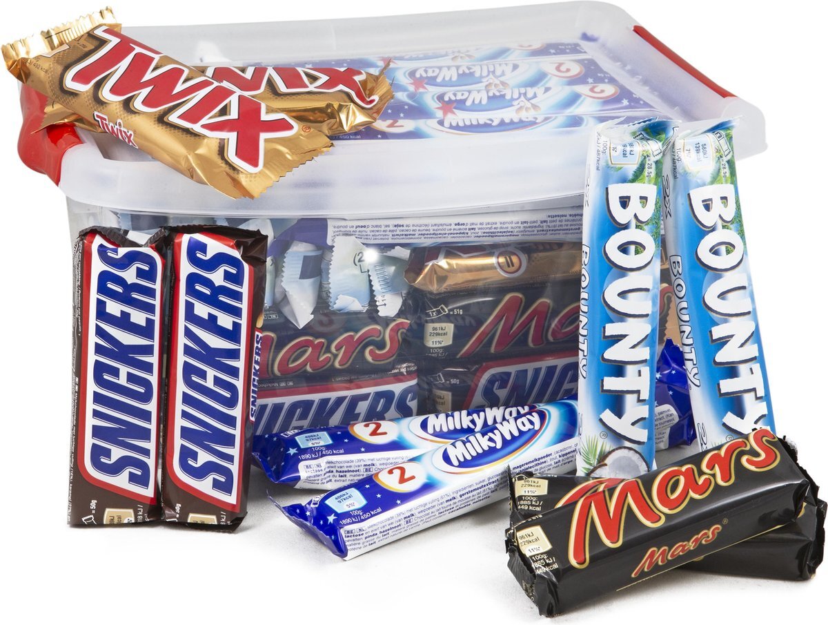 Bol.com Chocolade box met mars chocolade repen - 50 stuks - bounty, milky way, mars, snickers en twix - 2520g aanbieding