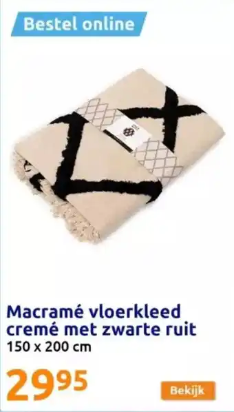 Action Macramé vloerkleed cremé met zwarte ruit 150 x 200 cm aanbieding