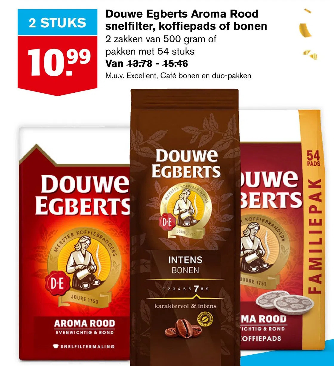Hoogvliet Douwe egberts aroma rood snelfilter, koffiepads of bonen aanbieding