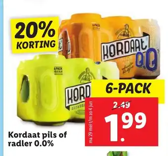 Lidl Kordaat pils of radler 0.0% 6-PACK aanbieding