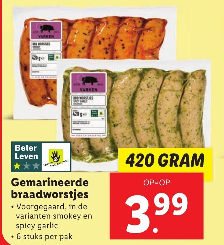 Lidl Gemarineerde braadworstjes 420 GRAM aanbieding